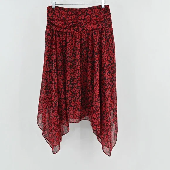 Karl Lagerfeld Ruched Floral Midi Skirt Size 8 Chiffon Ruffle Handkerchief Hem - Picture 3 of 14
